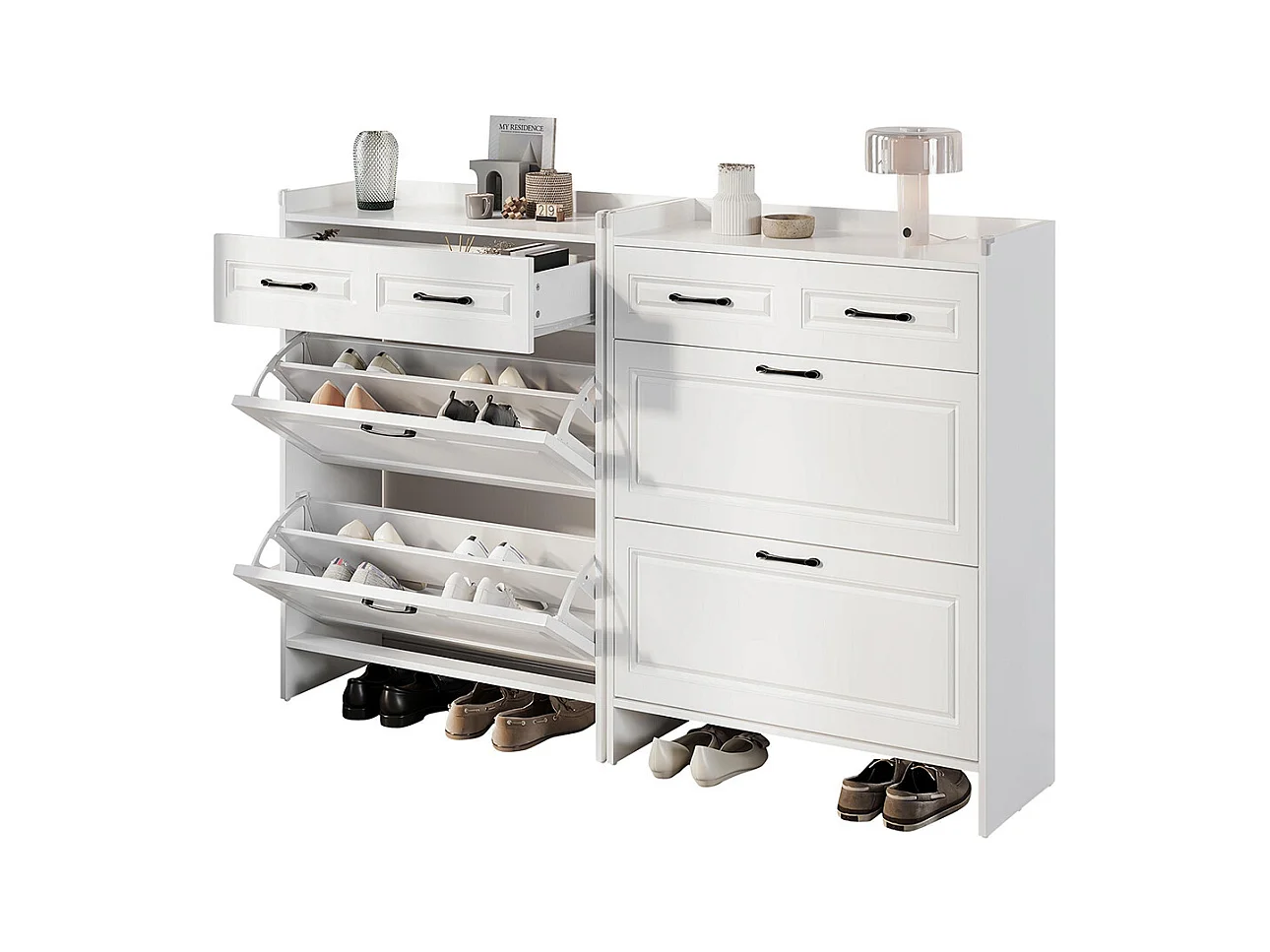 Lot 2 meuble à chaussures étagères 8 compartiments 2 tiroirs MDF blanc