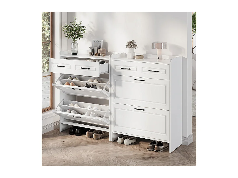 Lot 2 meuble à chaussures étagères 8 compartiments 2 tiroirs MDF blanc