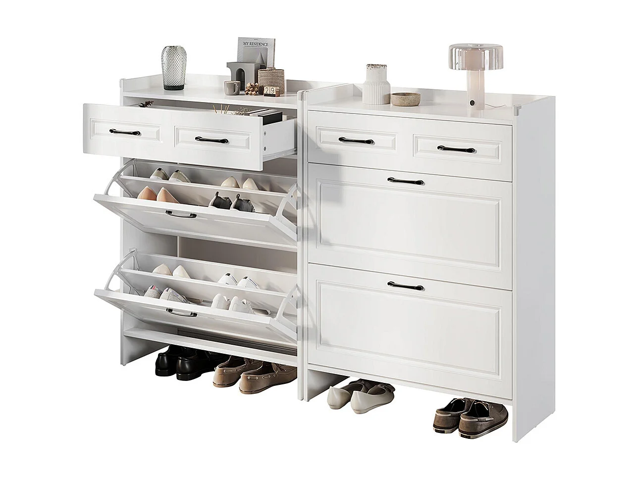 Lot 2 meuble à chaussures étagères 8 compartiments 2 tiroirs MDF blanc