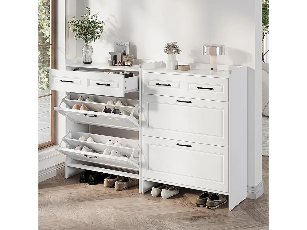 Lot 2 meuble à chaussures étagères 8 compartiments 2 tiroirs MDF blanc