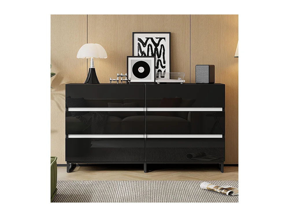 Buffet salon brillant 6 tiroirs 3 pieds métalliques excellente capacité charge noir