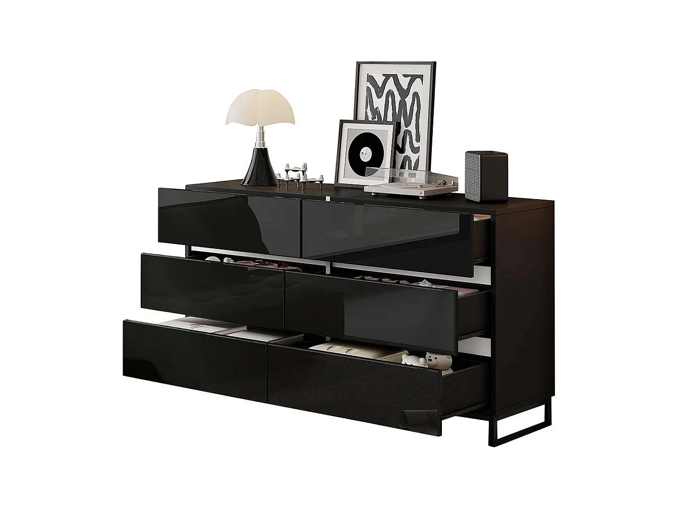 Buffet salon brillant 6 tiroirs 3 pieds métalliques excellente capacité charge noir