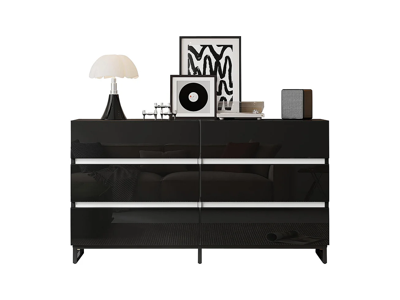 Buffet salon brillant 6 tiroirs 3 pieds métalliques excellente capacité charge noir