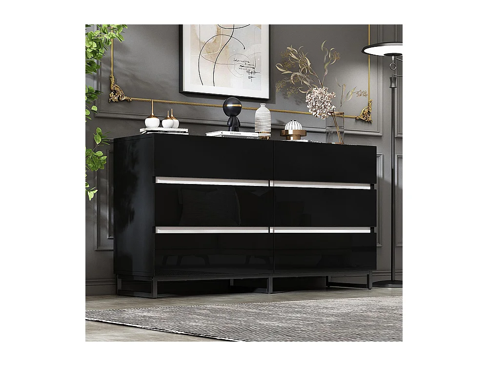 Buffet salon brillant 6 tiroirs 3 pieds métalliques excellente capacité charge noir