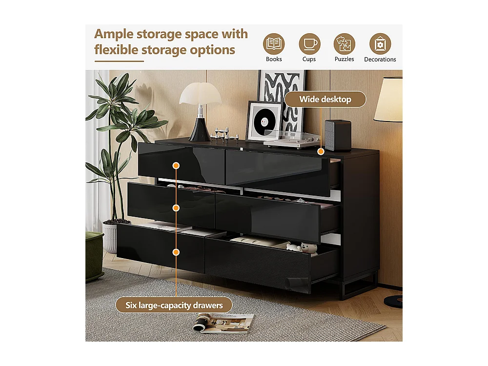 Buffet salon brillant 6 tiroirs 3 pieds métalliques excellente capacité charge noir