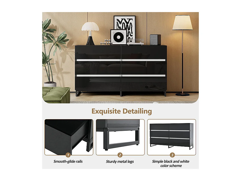 Buffet salon brillant 6 tiroirs 3 pieds métalliques excellente capacité charge noir