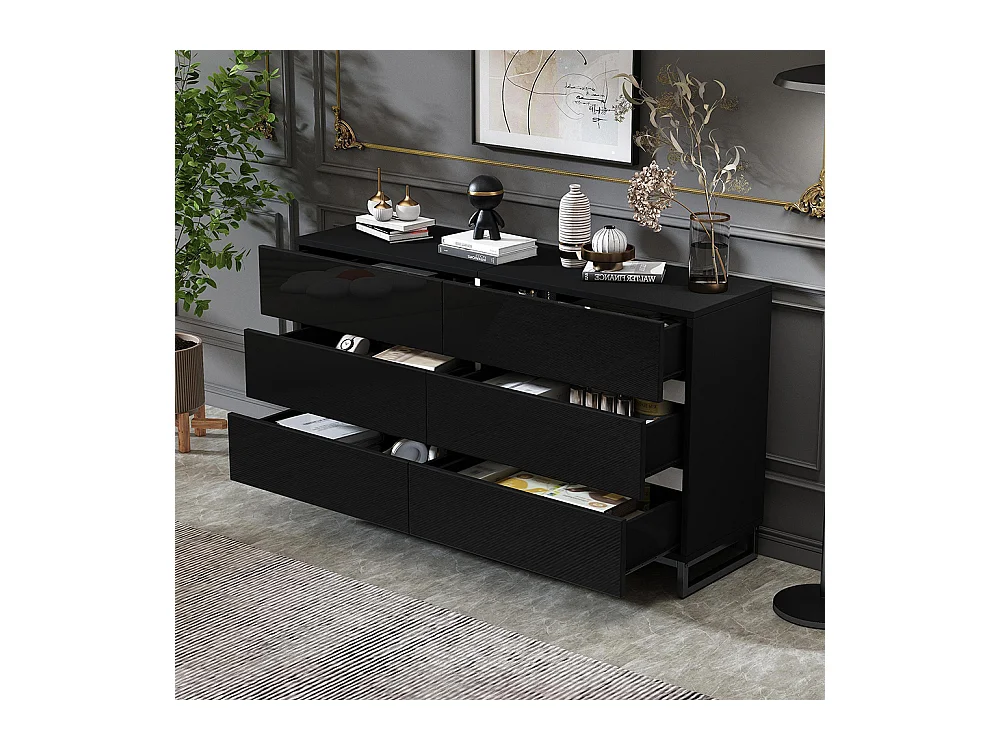 Buffet salon brillant 6 tiroirs 3 pieds métalliques excellente capacité charge noir
