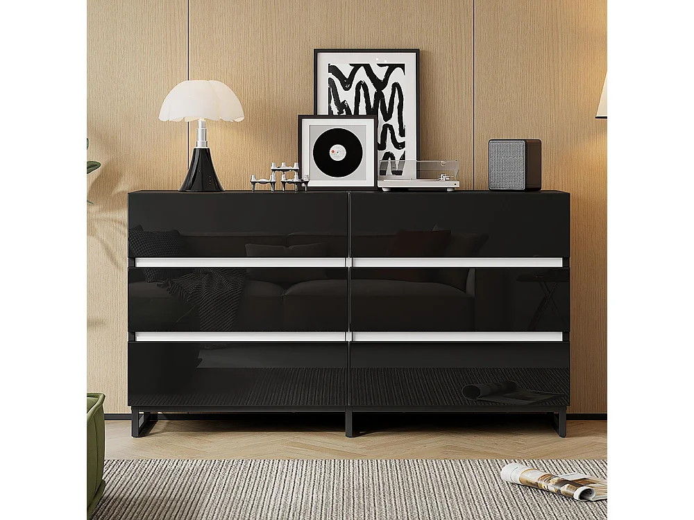 Buffet salon brillant 6 tiroirs 3 pieds métalliques excellente capacité charge noir