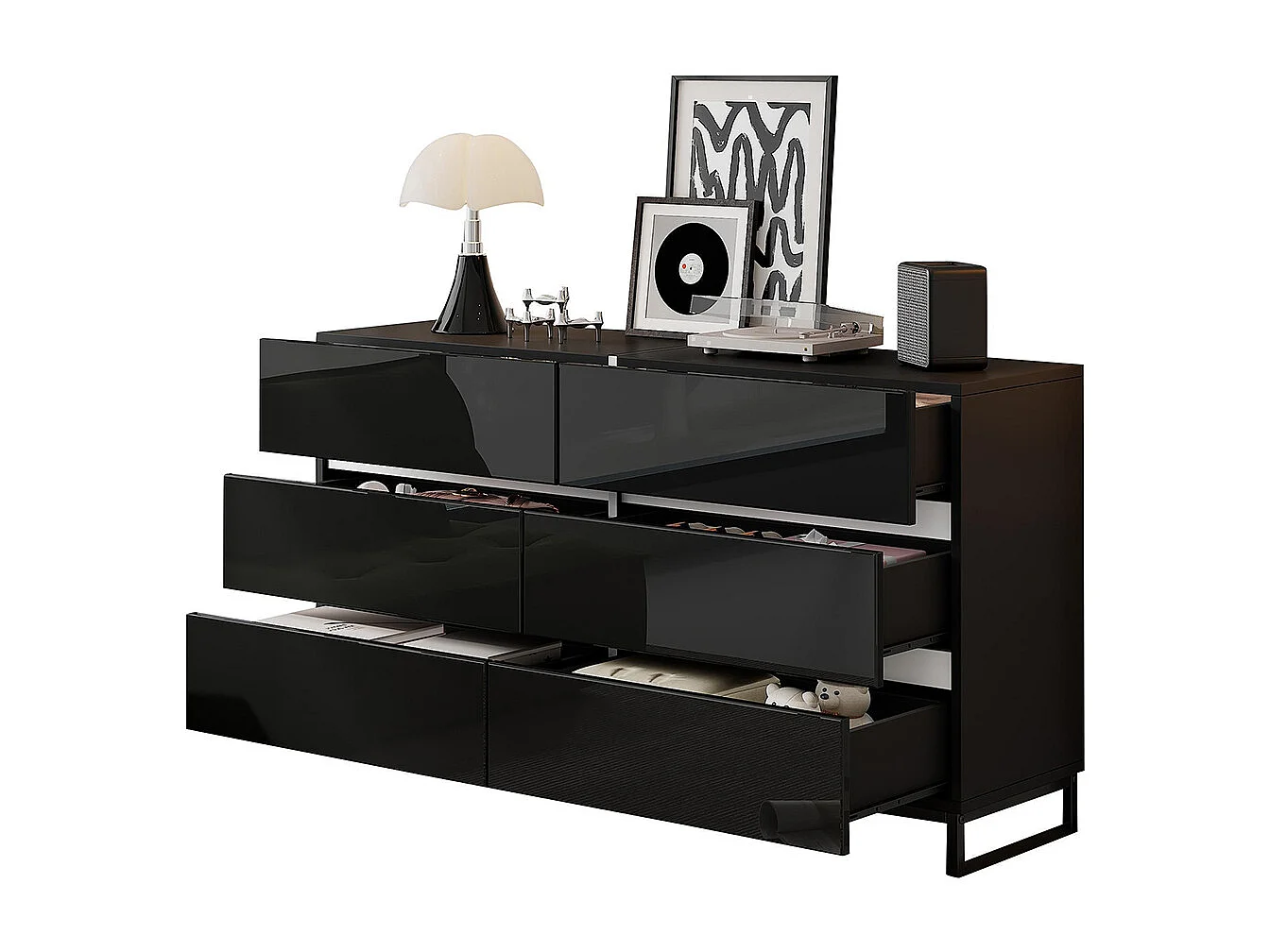 Buffet salon brillant 6 tiroirs 3 pieds métalliques excellente capacité charge noir