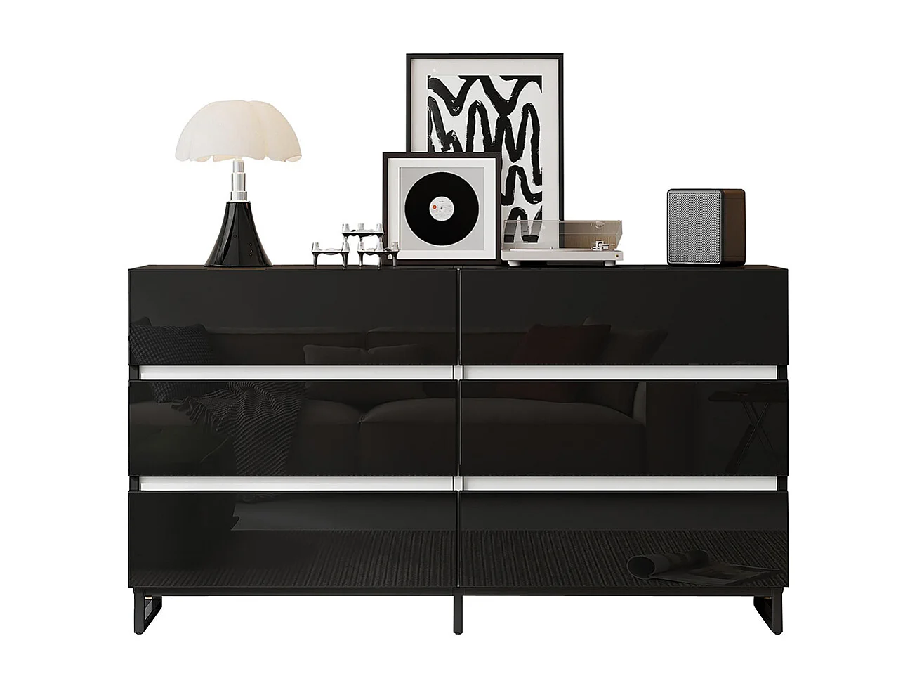 Buffet salon brillant 6 tiroirs 3 pieds métalliques excellente capacité charge noir