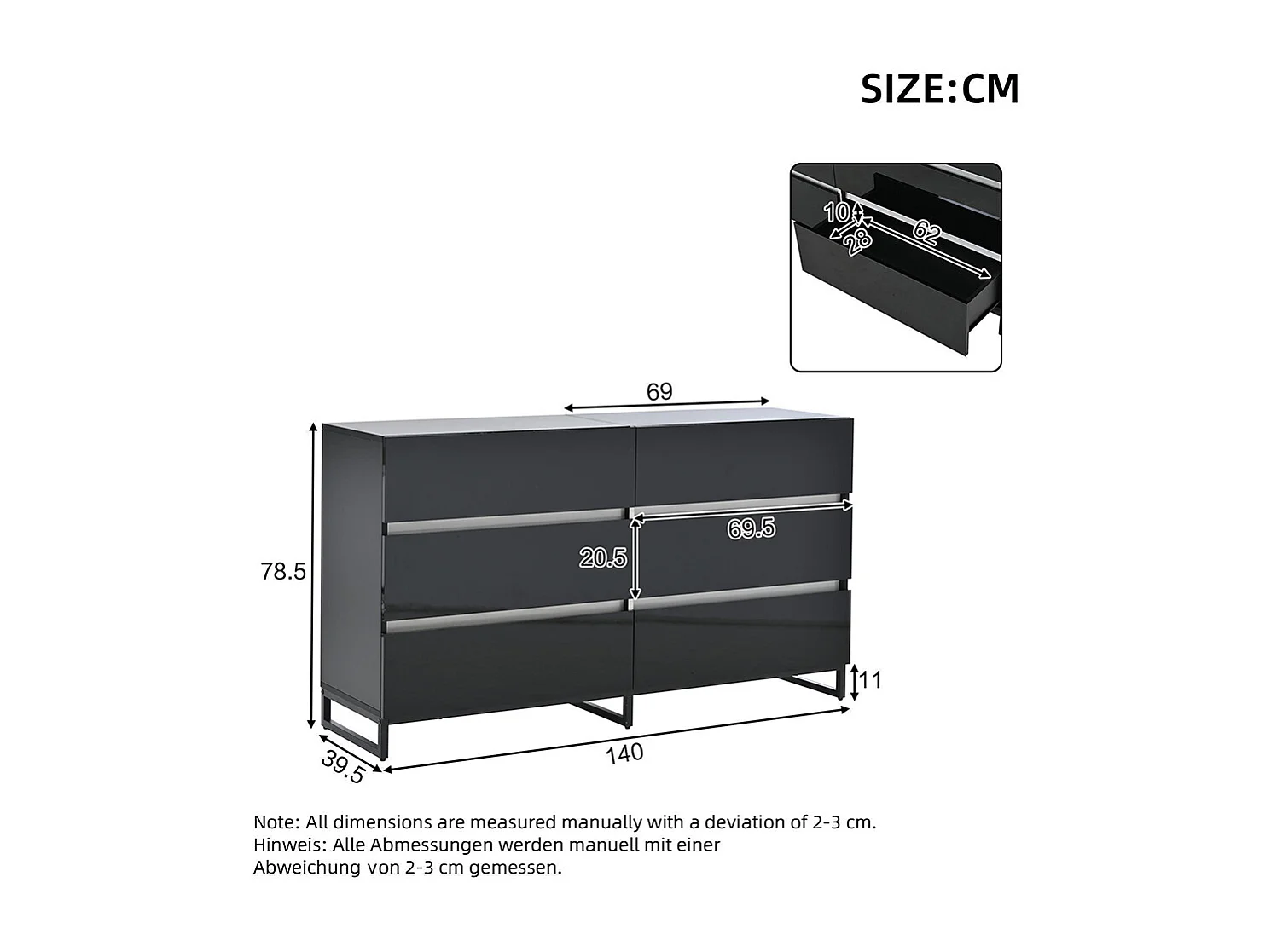 Buffet salon brillant 6 tiroirs 3 pieds métalliques excellente capacité charge noir