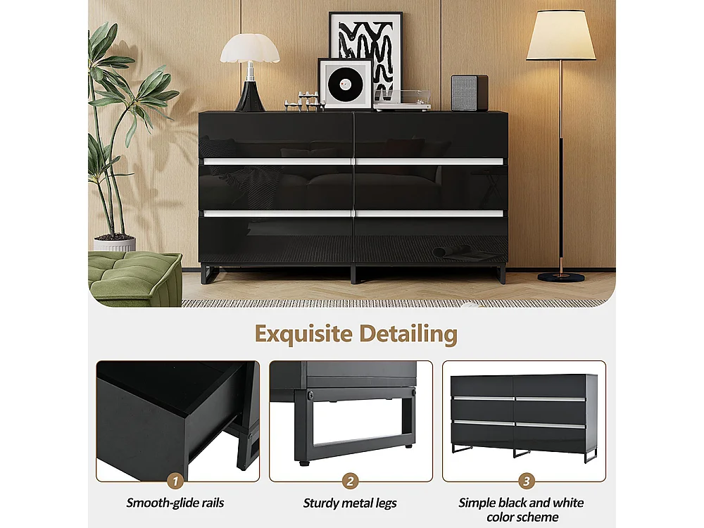 Buffet salon brillant 6 tiroirs 3 pieds métalliques excellente capacité charge noir