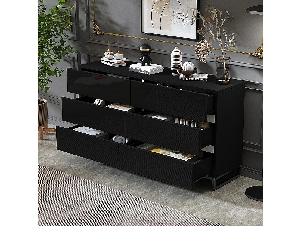 Buffet salon brillant 6 tiroirs 3 pieds métalliques excellente capacité charge noir