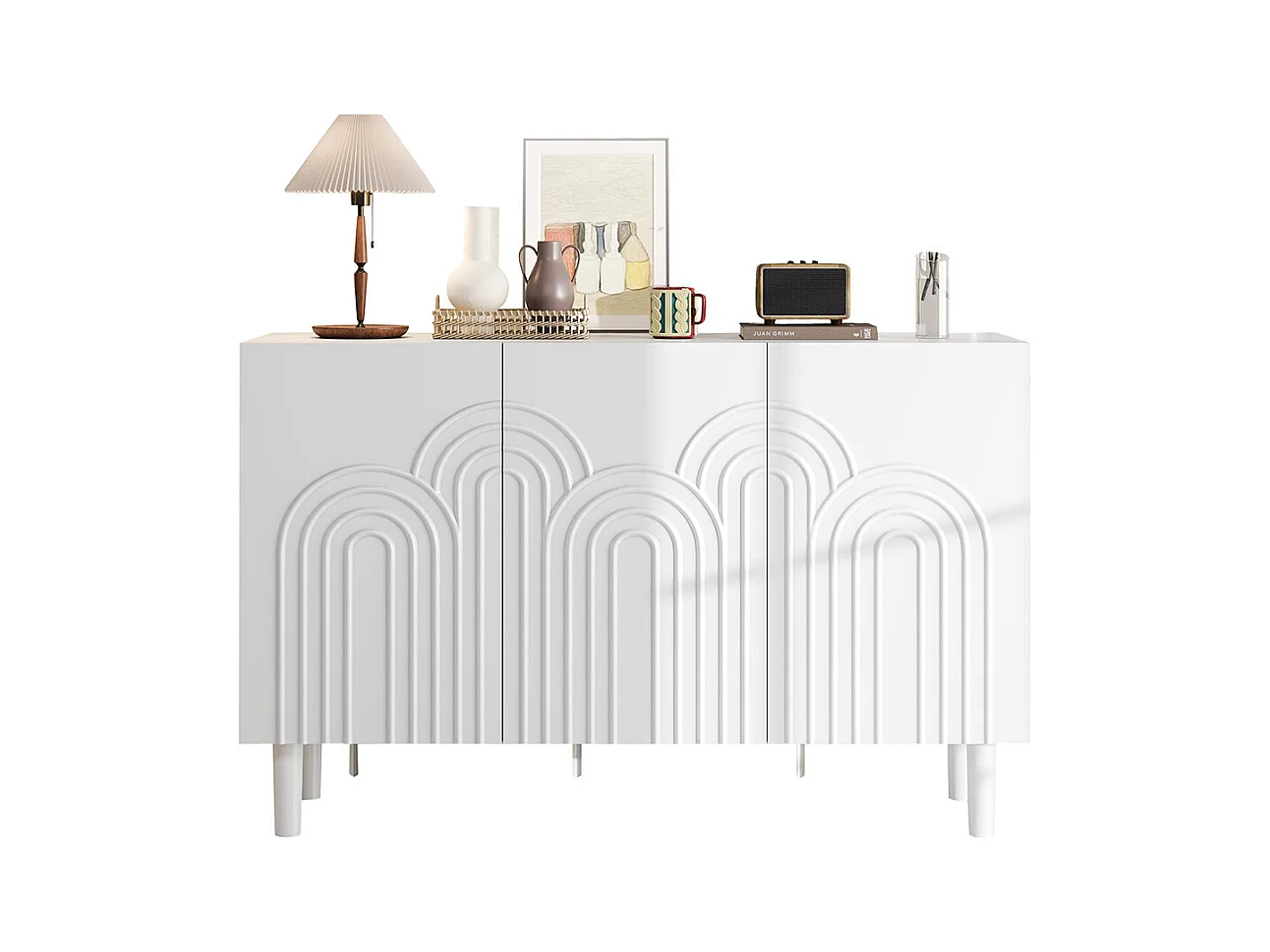Buffet salon 3 portes grand rangement MDF blanc pied 16 cm cloison réglable