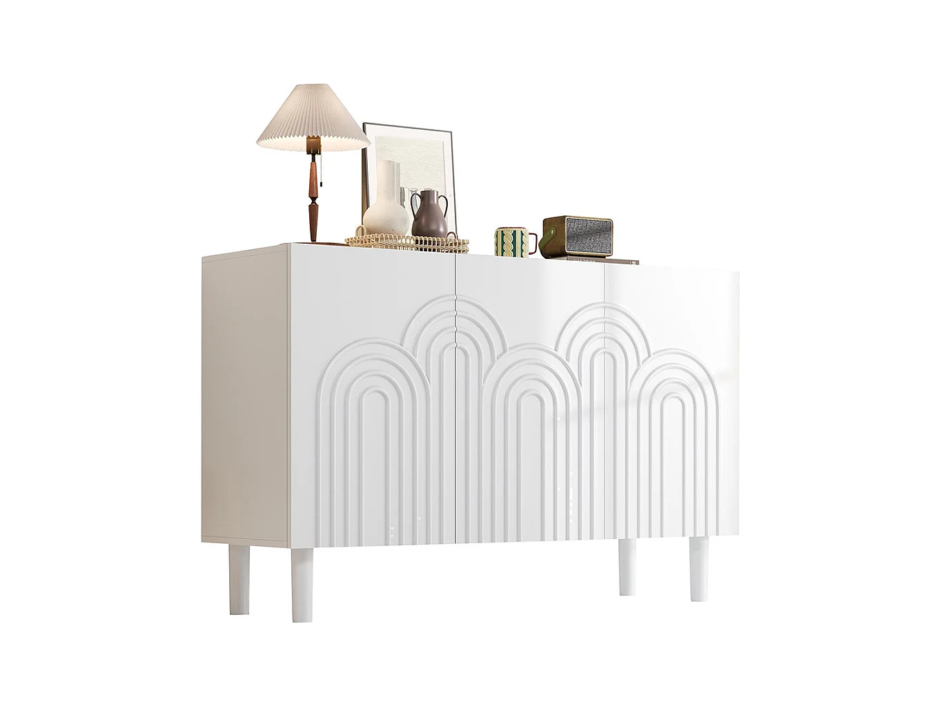 Buffet salon 3 portes grand rangement MDF blanc pied 16 cm cloison réglable