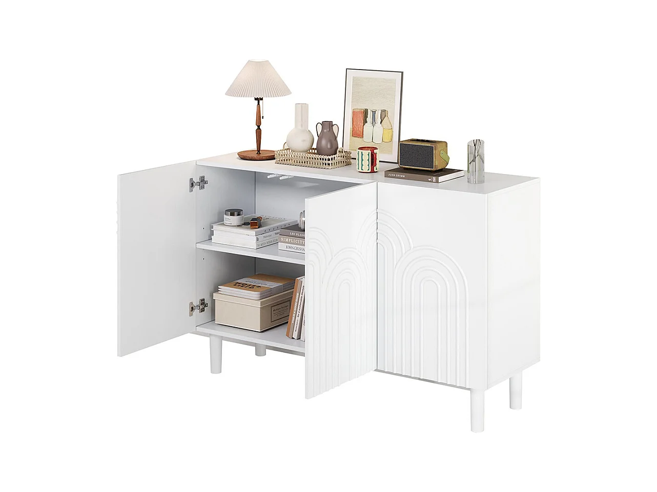 Buffet salon 3 portes grand rangement MDF blanc pied 16 cm cloison réglable