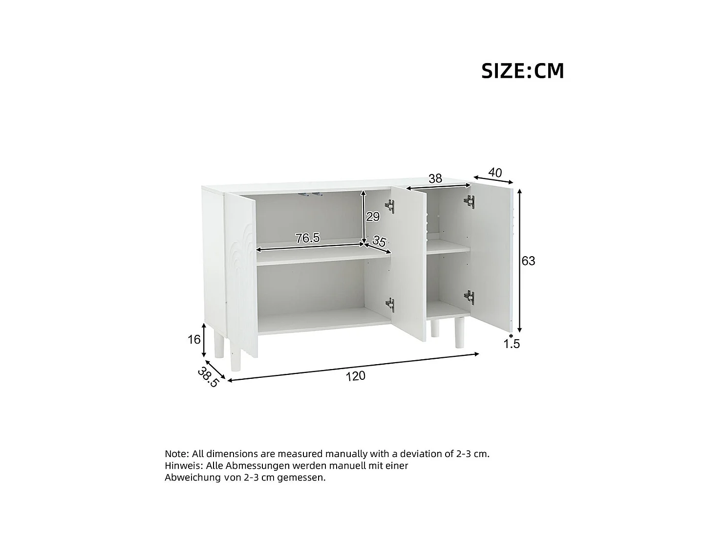 Buffet salon 3 portes grand rangement MDF blanc pied 16 cm cloison réglable