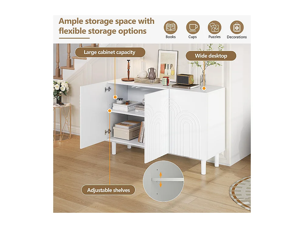 Buffet salon 3 portes grand rangement MDF blanc pied 16 cm cloison réglable