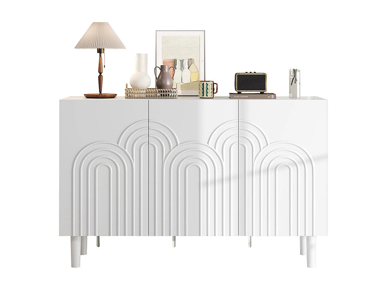 Buffet salon 3 portes grand rangement MDF blanc pied 16 cm cloison réglable