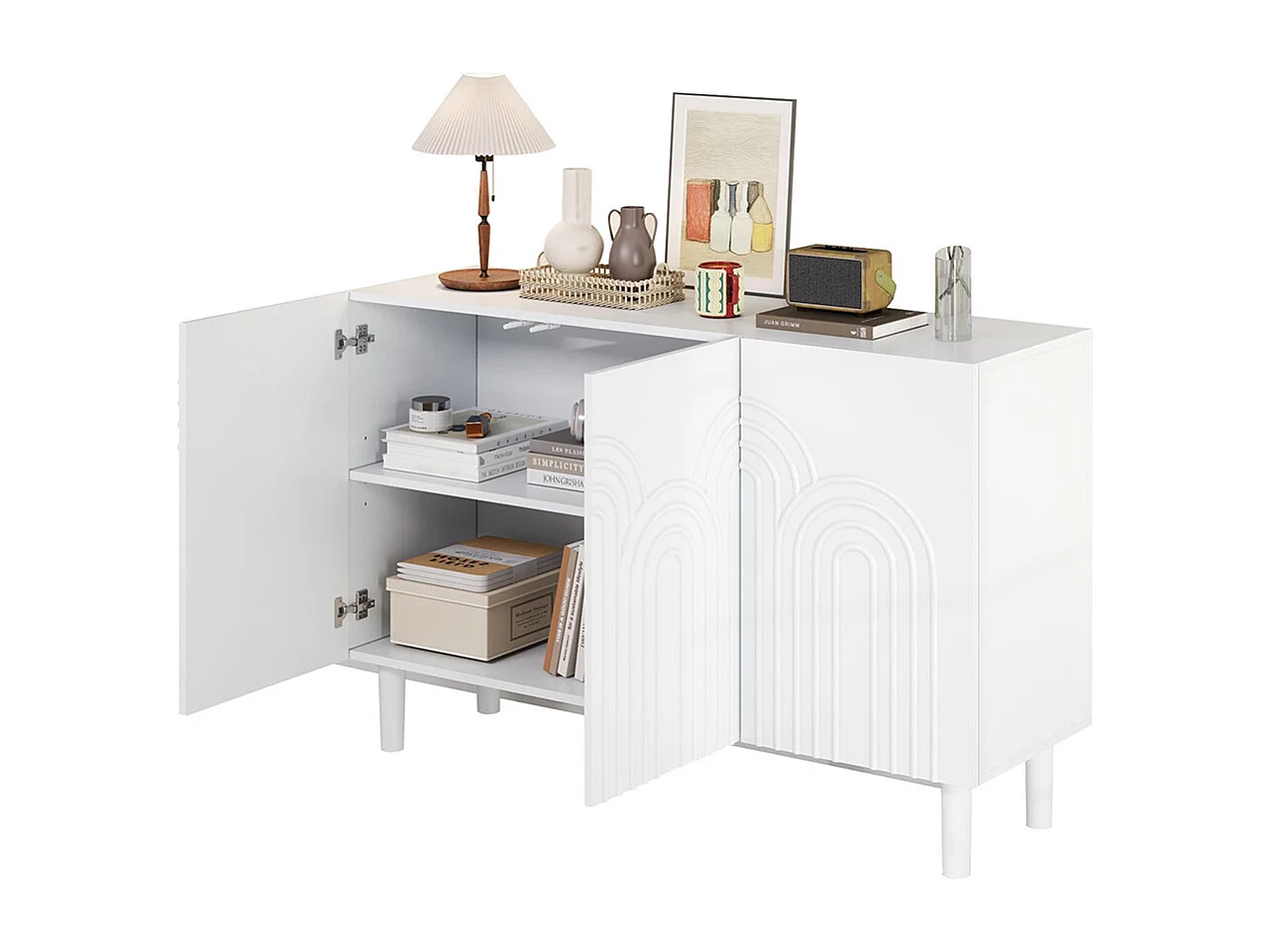 Buffet salon 3 portes grand rangement MDF blanc pied 16 cm cloison réglable