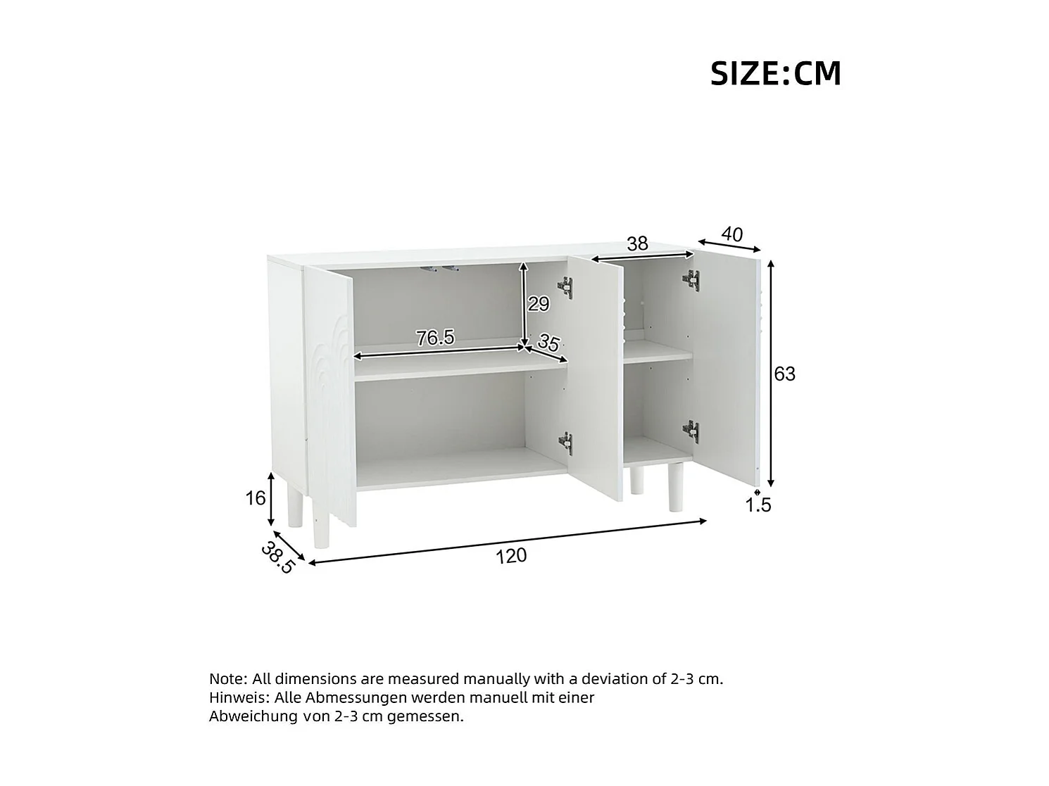 Buffet salon 3 portes grand rangement MDF blanc pied 16 cm cloison réglable