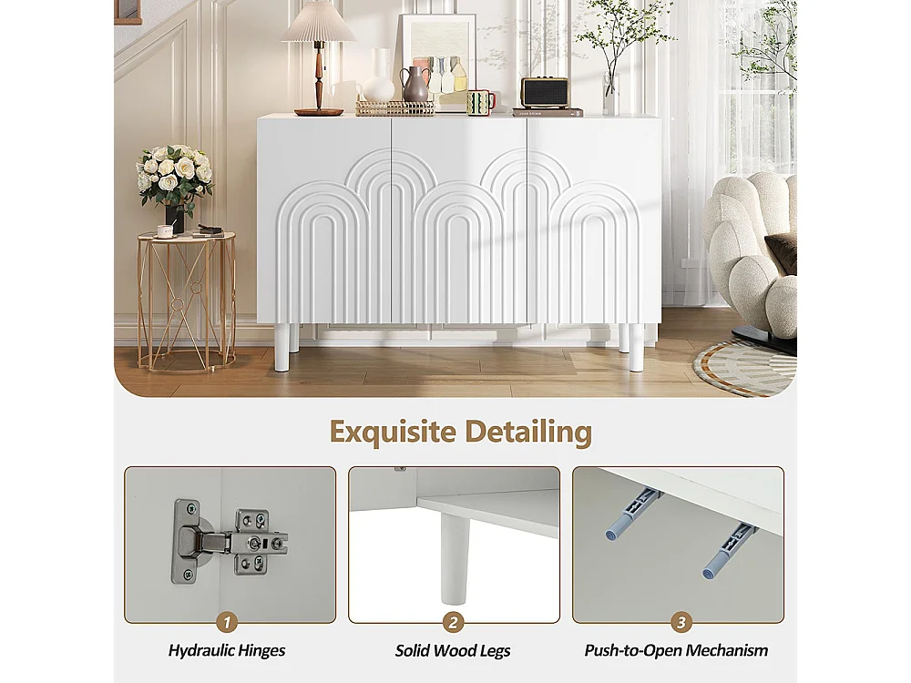 Buffet salon 3 portes grand rangement MDF blanc pied 16 cm cloison réglable