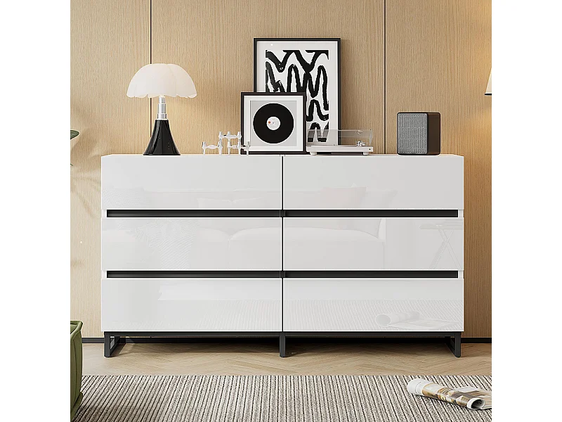 Buffet salon brillant 6 tiroirs 3 pieds métalliques excellente capacité charge blanc