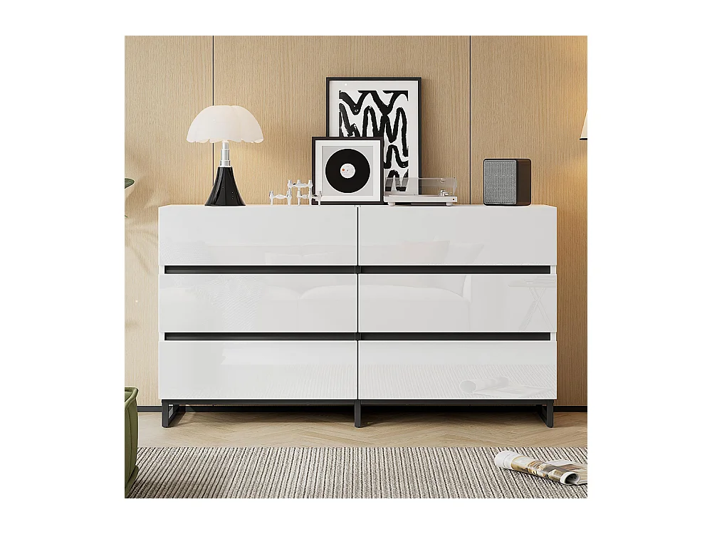 Buffet salon brillant 6 tiroirs 3 pieds métalliques excellente capacité charge blanc