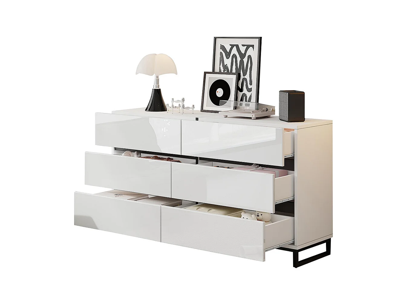Buffet salon brillant 6 tiroirs 3 pieds métalliques excellente capacité charge blanc