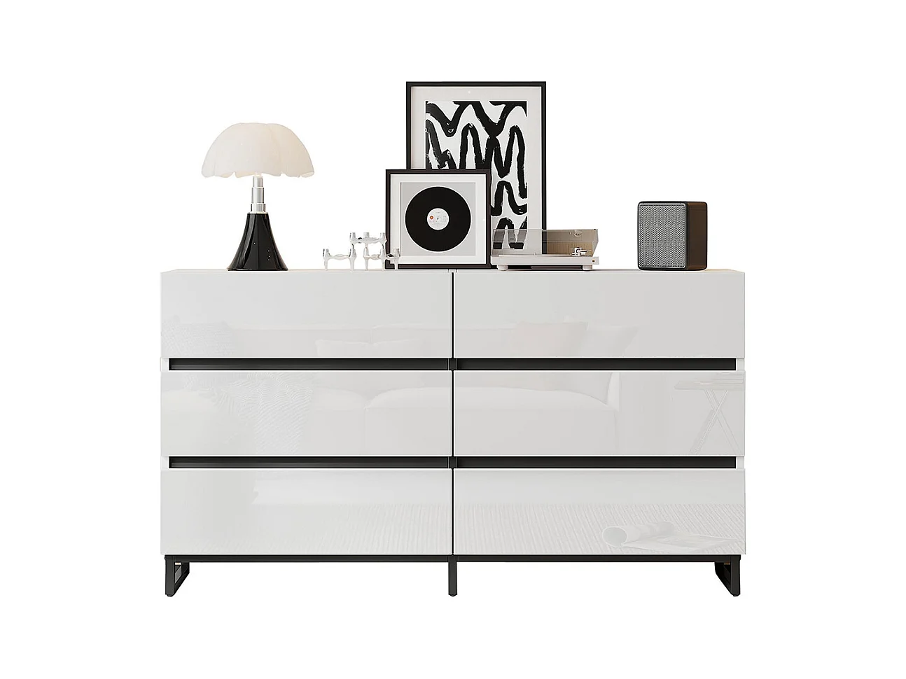 Buffet salon brillant 6 tiroirs 3 pieds métalliques excellente capacité charge blanc