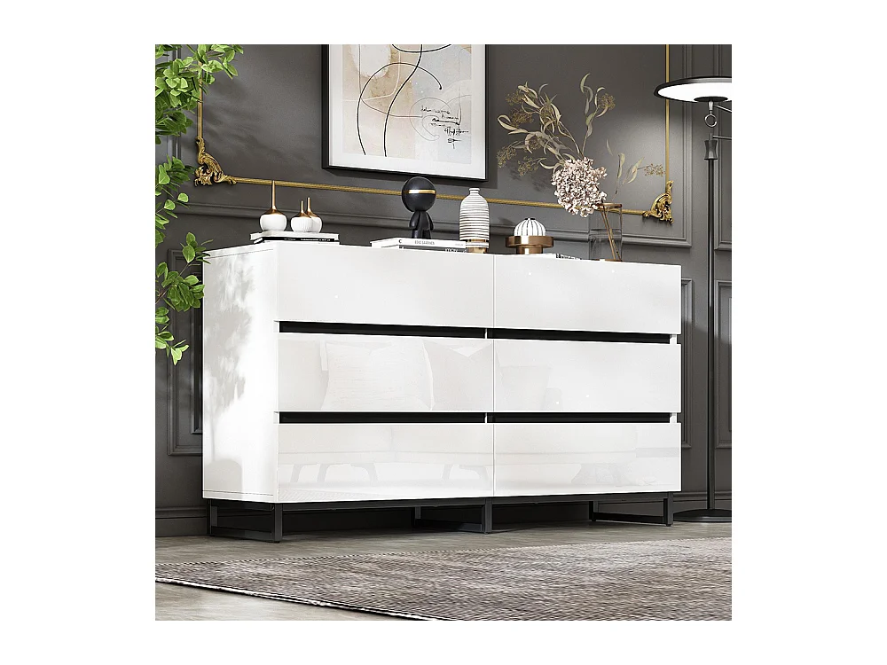 Buffet salon brillant 6 tiroirs 3 pieds métalliques excellente capacité charge blanc