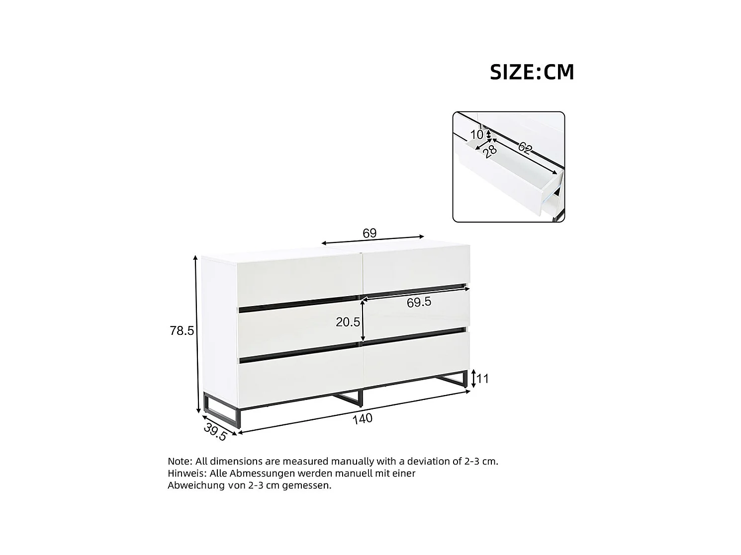 Buffet salon brillant 6 tiroirs 3 pieds métalliques excellente capacité charge blanc