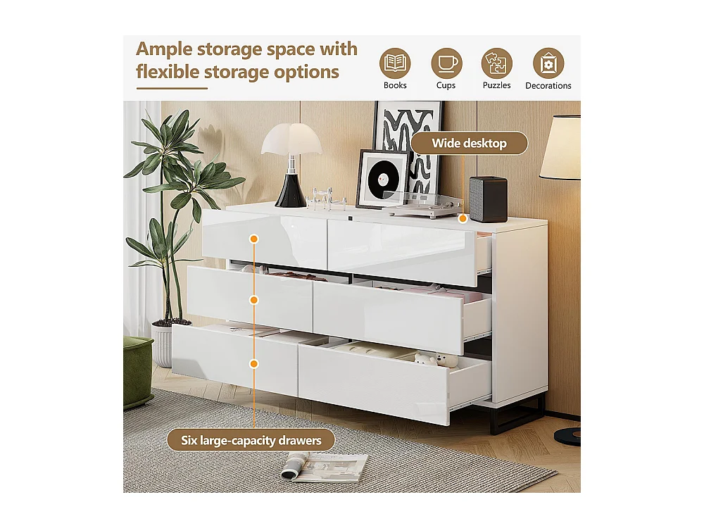 Buffet salon brillant 6 tiroirs 3 pieds métalliques excellente capacité charge blanc