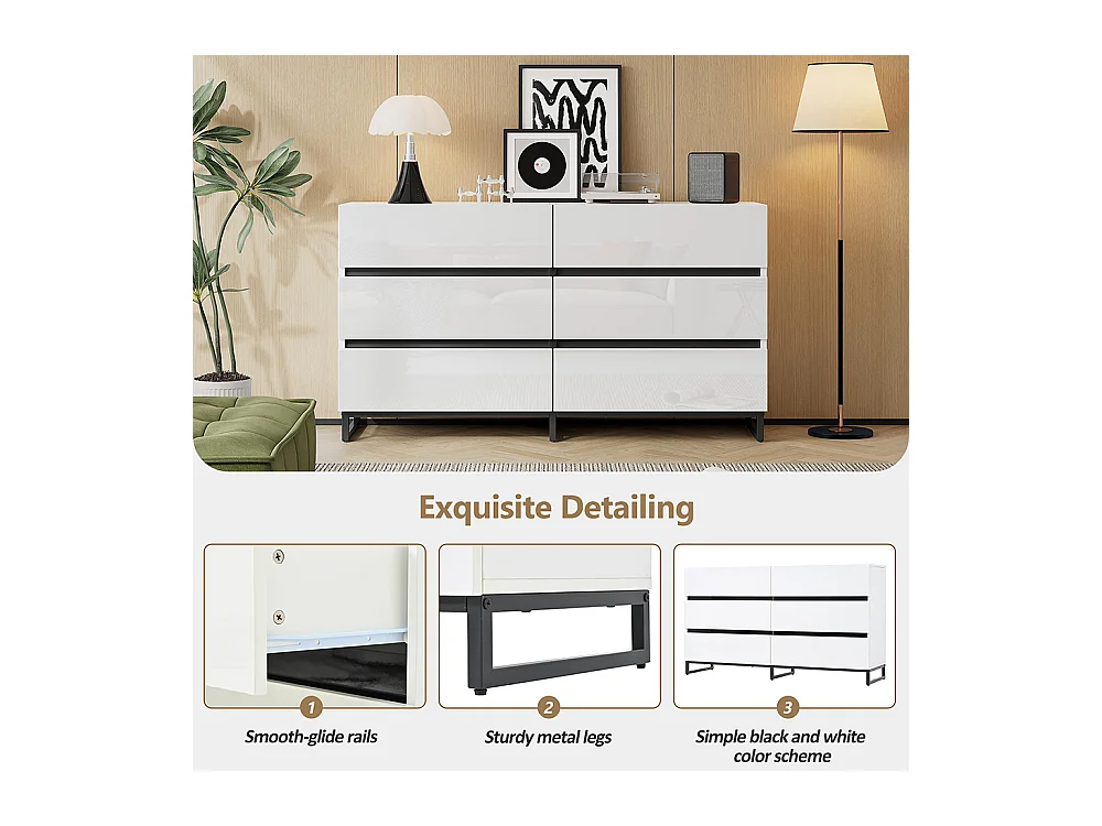 Buffet salon brillant 6 tiroirs 3 pieds métalliques excellente capacité charge blanc