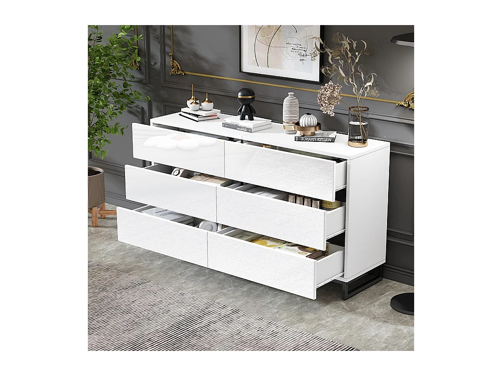 Buffet salon brillant 6 tiroirs 3 pieds métalliques excellente capacité charge blanc