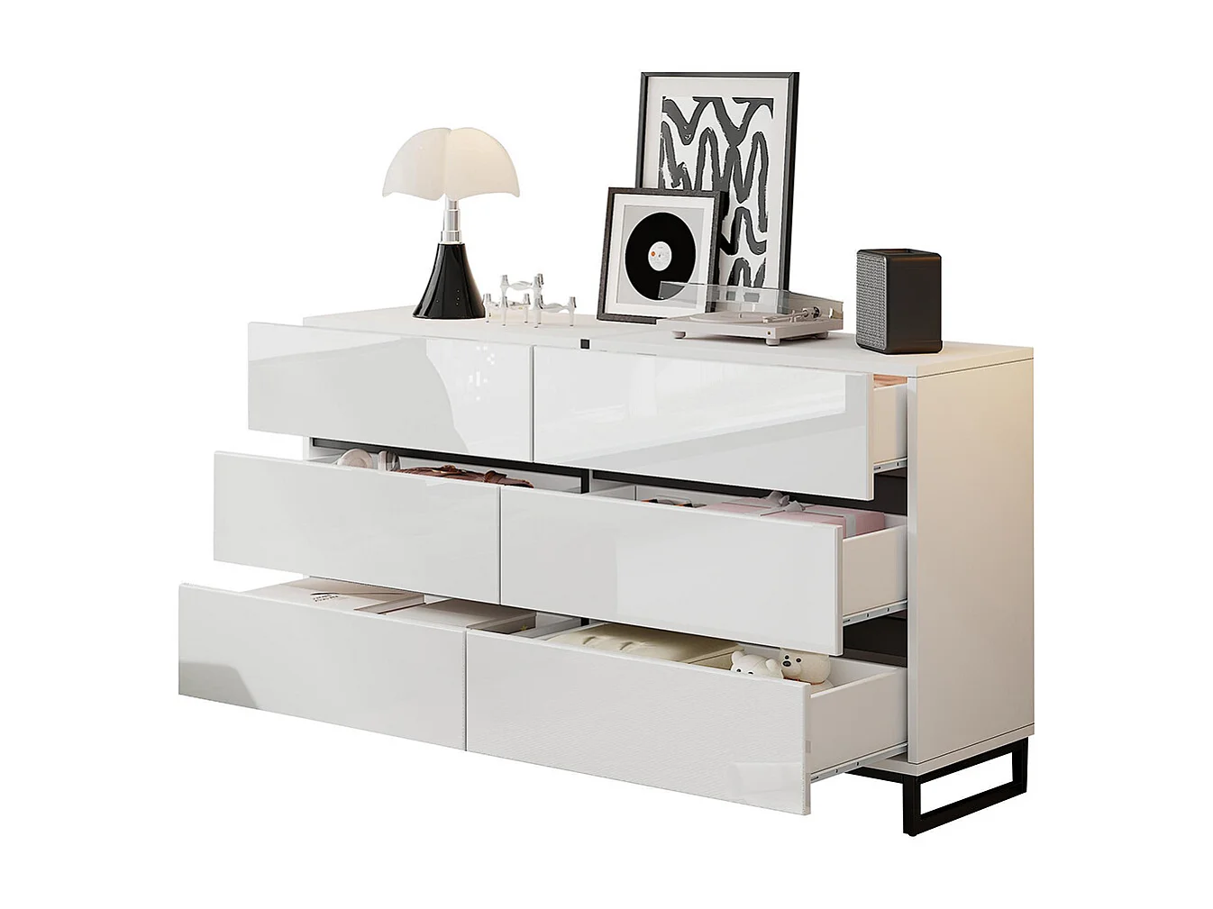 Buffet salon brillant 6 tiroirs 3 pieds métalliques excellente capacité charge blanc
