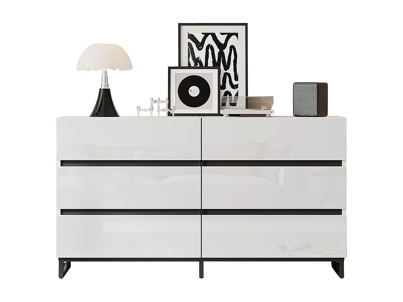 Buffet salon brillant 6 tiroirs 3 pieds métalliques excellente capacité charge blanc