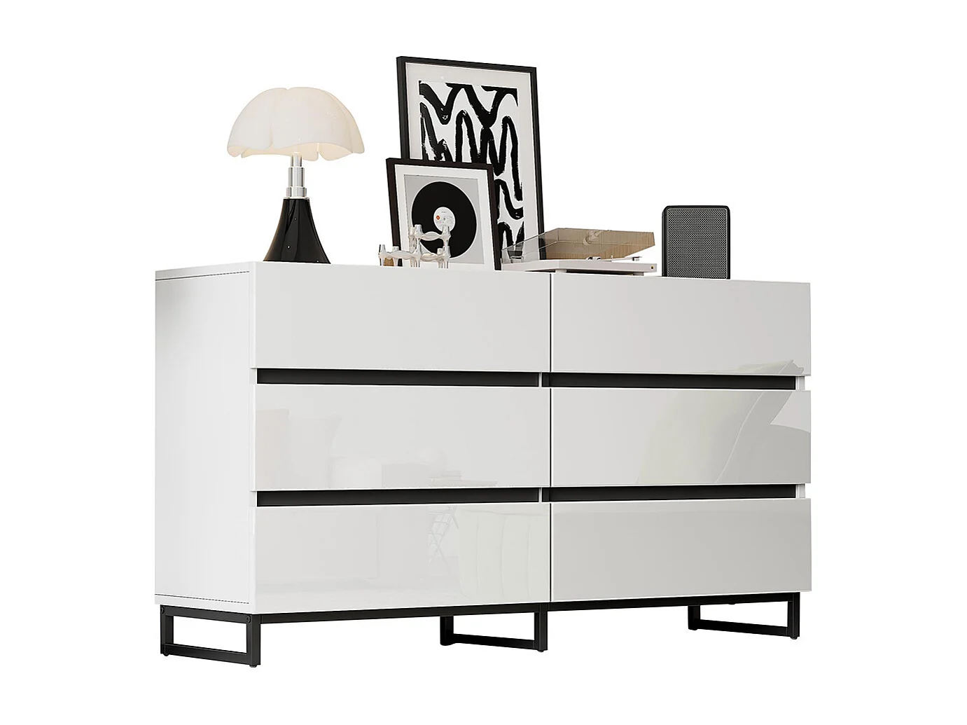 Buffet salon brillant 6 tiroirs 3 pieds métalliques excellente capacité charge blanc