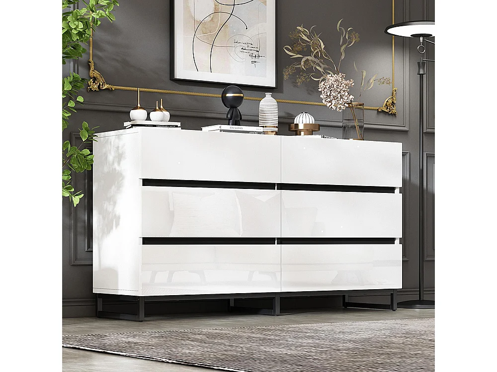 Buffet salon brillant 6 tiroirs 3 pieds métalliques excellente capacité charge blanc