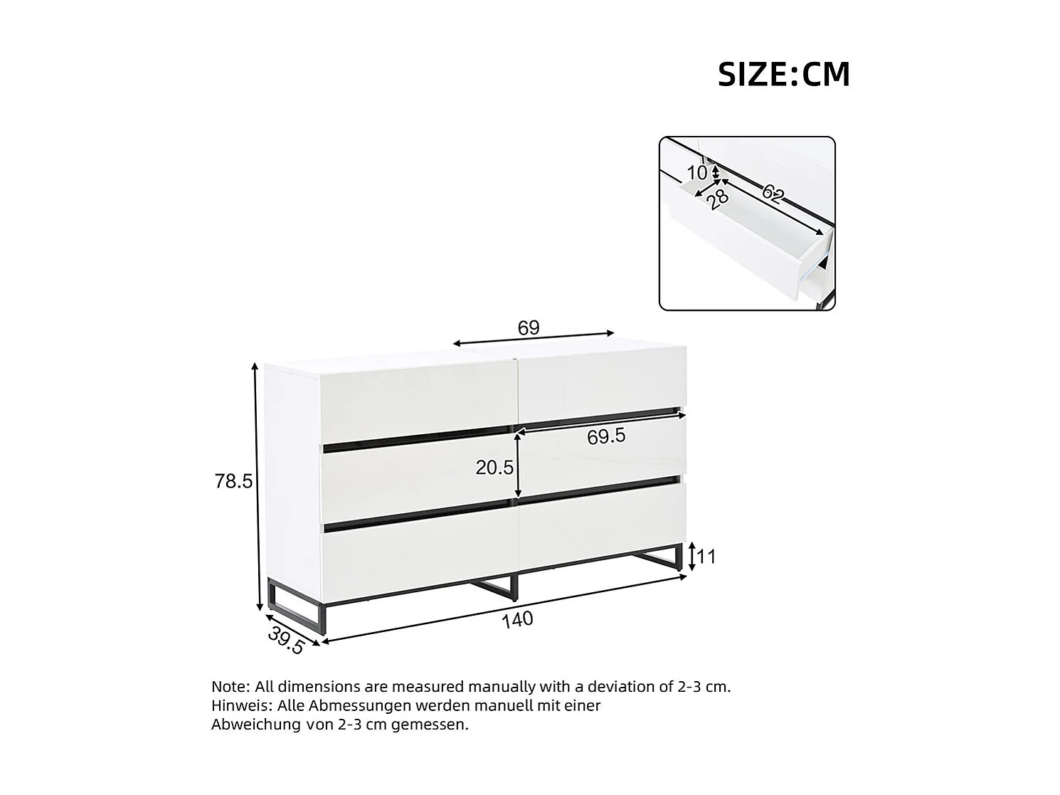 Buffet salon brillant 6 tiroirs 3 pieds métalliques excellente capacité charge blanc