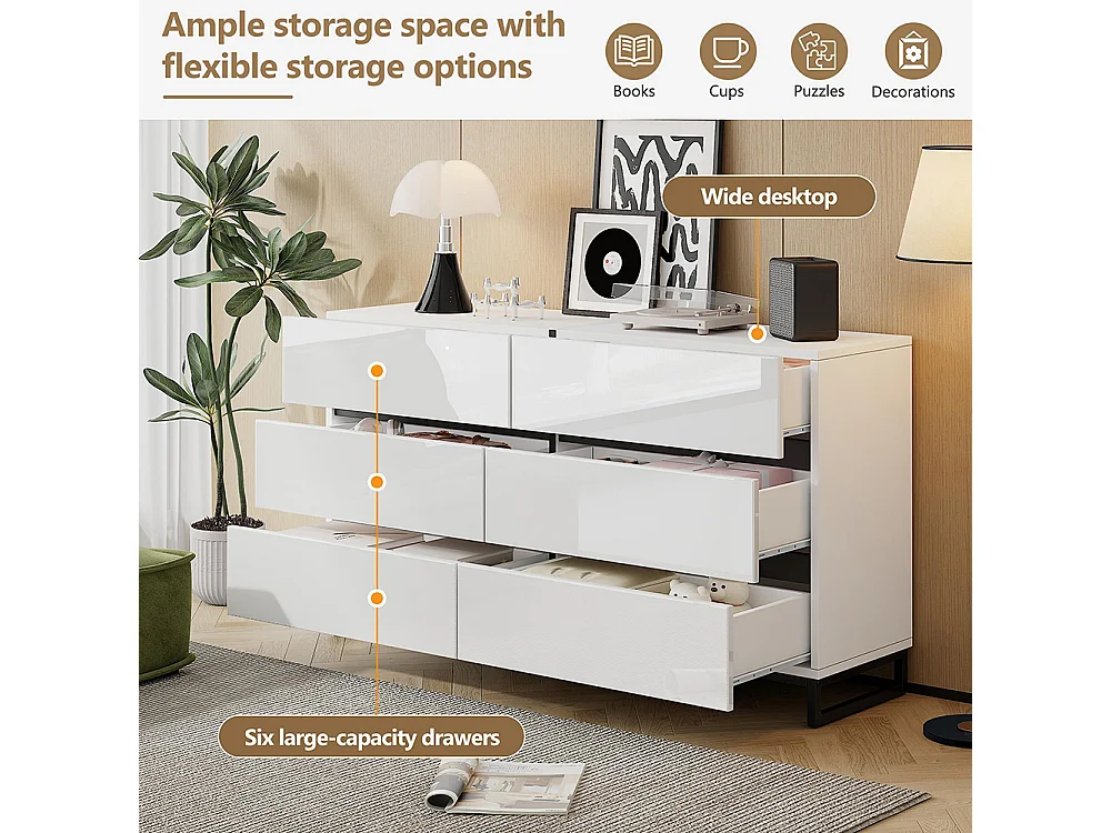 Buffet salon brillant 6 tiroirs 3 pieds métalliques excellente capacité charge blanc