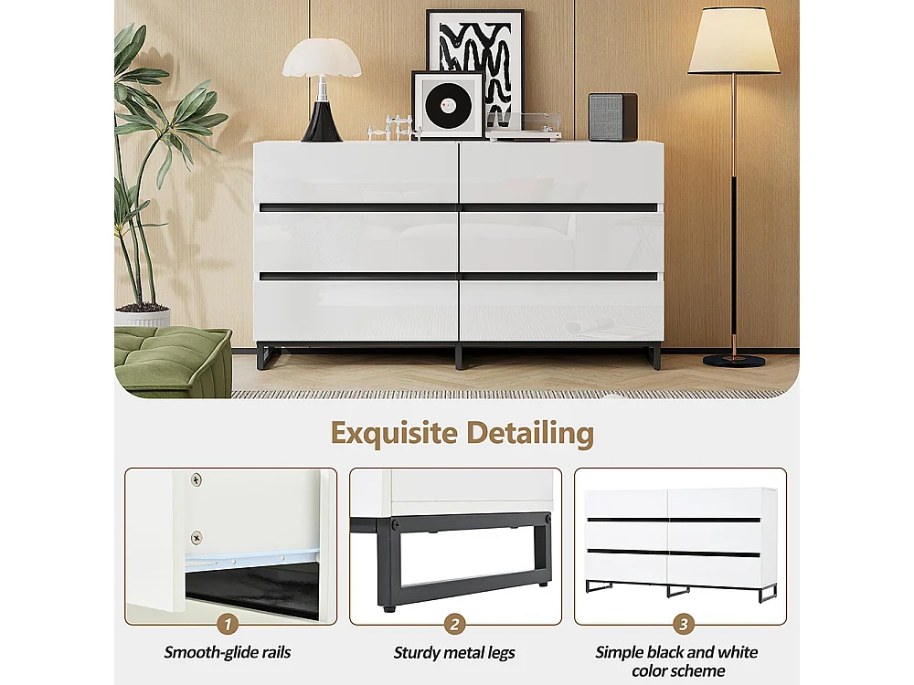 Buffet salon brillant 6 tiroirs 3 pieds métalliques excellente capacité charge blanc