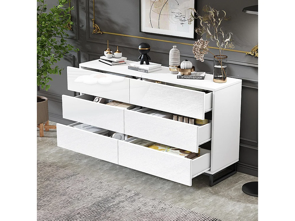 Buffet salon brillant 6 tiroirs 3 pieds métalliques excellente capacité charge blanc