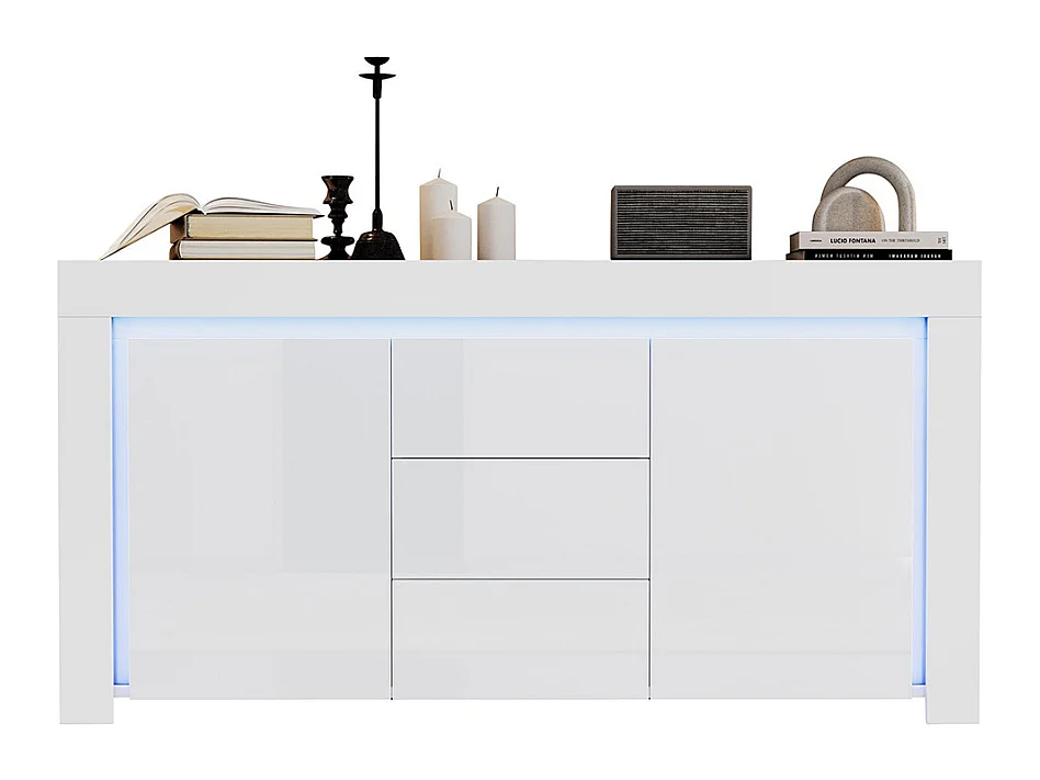 Buffet moderne 3 tiroirs 2 portes LED bande lumineuse brillant rangement couloir salon bureau blanc