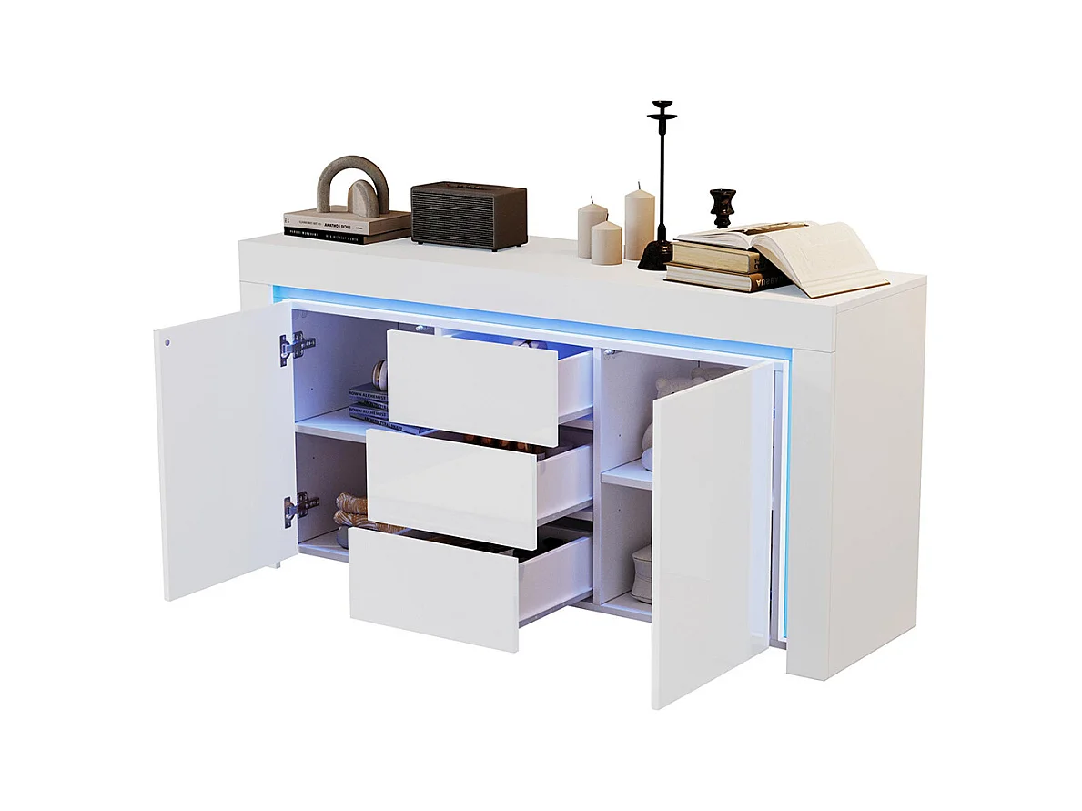 Buffet moderne 3 tiroirs 2 portes LED bande lumineuse brillant rangement couloir salon bureau blanc