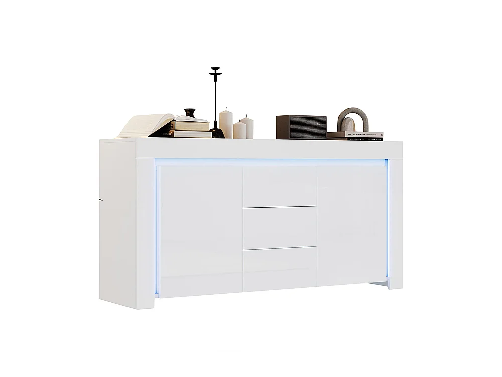Buffet moderne 3 tiroirs 2 portes LED bande lumineuse brillant rangement couloir salon bureau blanc