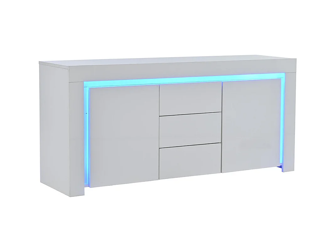 Buffet moderne 3 tiroirs 2 portes LED bande lumineuse brillant rangement couloir salon bureau blanc