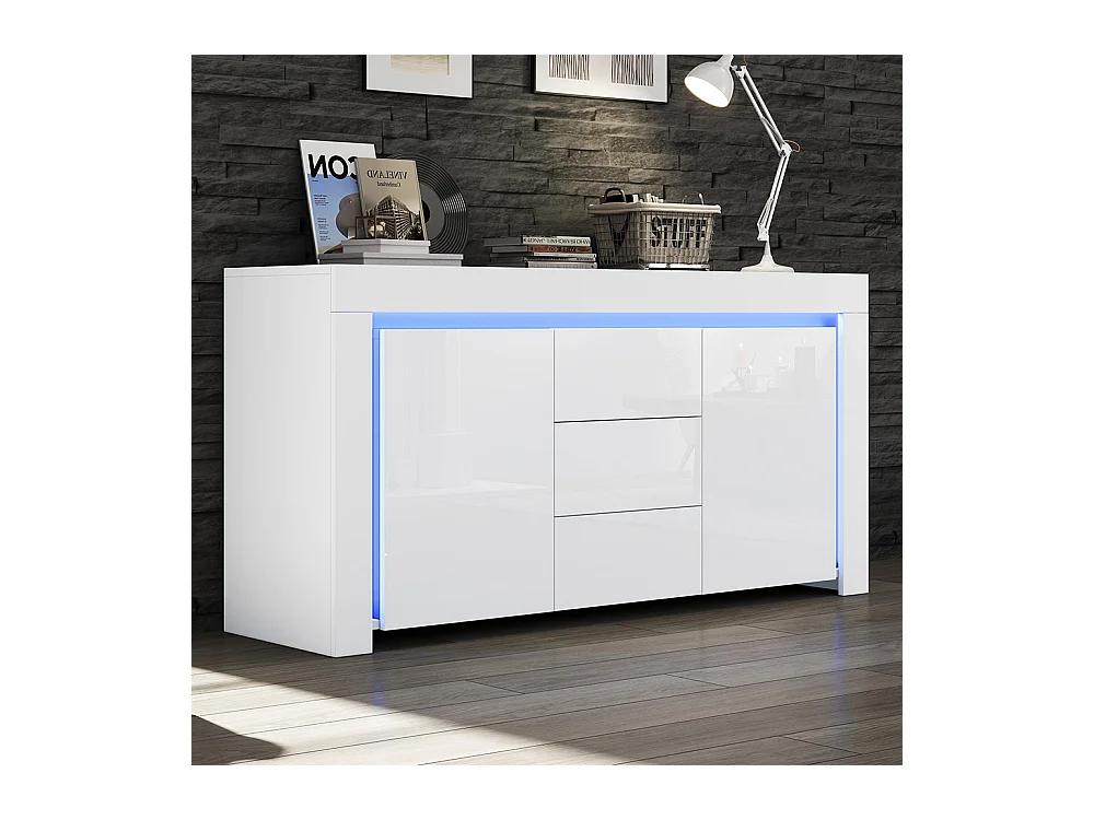 Buffet moderne 3 tiroirs 2 portes LED bande lumineuse brillant rangement couloir salon bureau blanc
