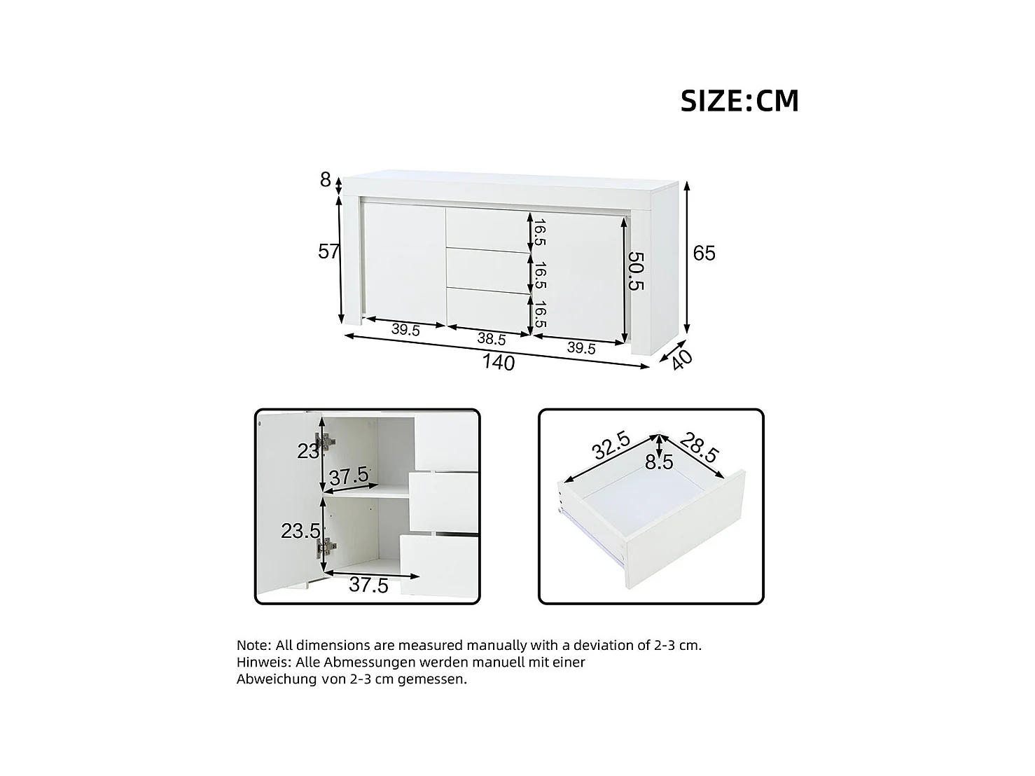 Buffet moderne 3 tiroirs 2 portes LED bande lumineuse brillant rangement couloir salon bureau blanc