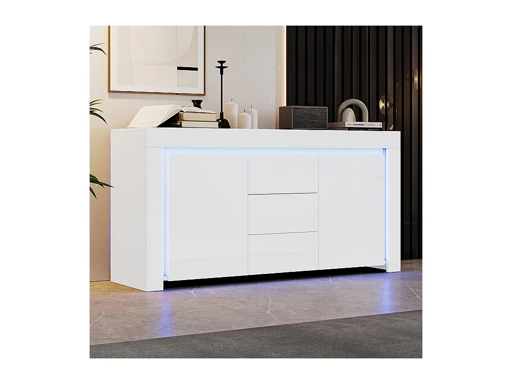Buffet moderne 3 tiroirs 2 portes LED bande lumineuse brillant rangement couloir salon bureau blanc